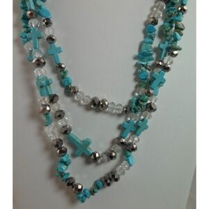 Handcrafted Turquoise Blue Nugget Cross Crystal Necklace Vintage Boho Chic